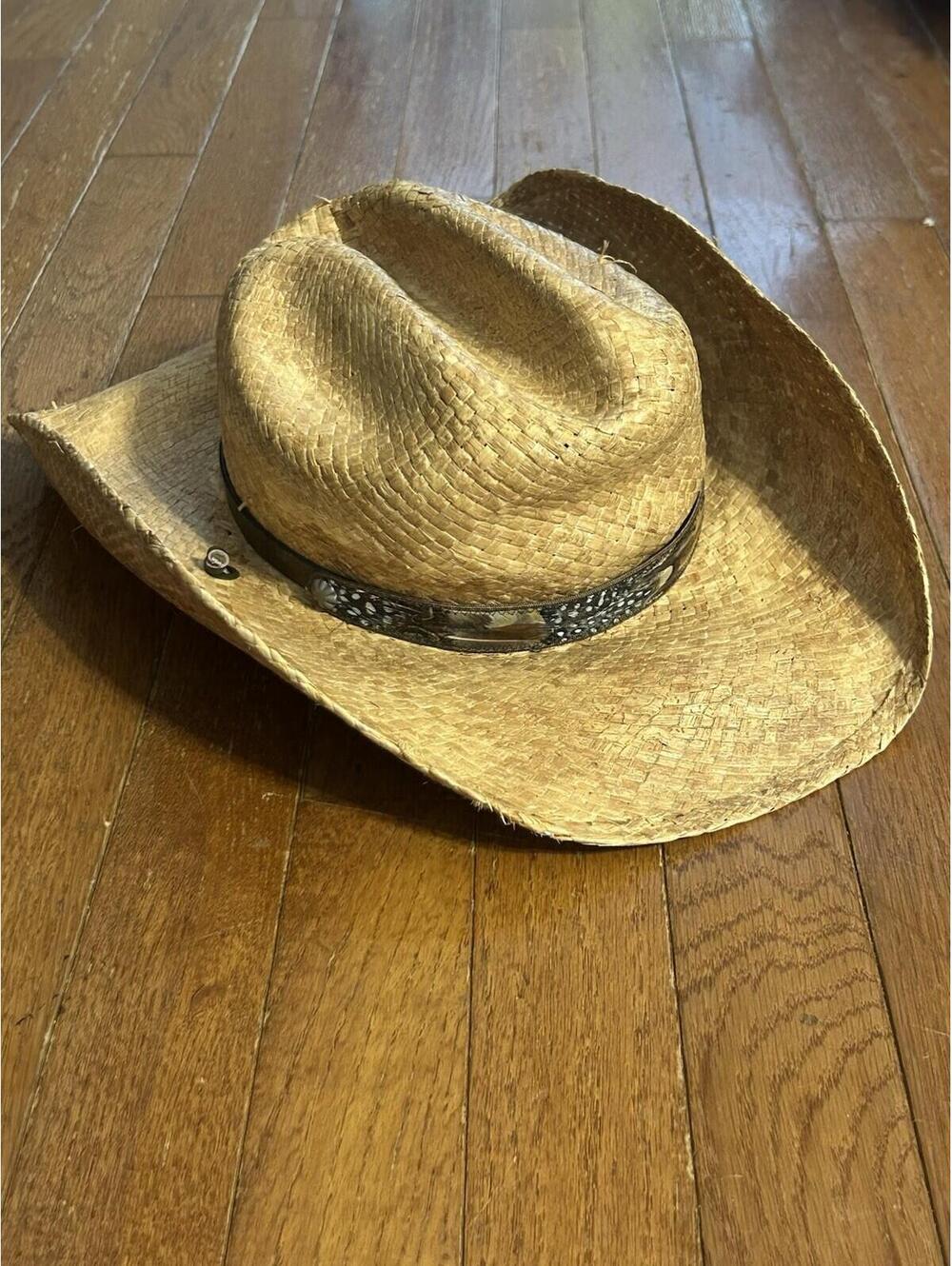 Stetson Straw Cowboy Hat Feather Band Conchos Western Medium